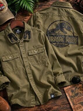 Jurassic Park Utility Button-Up Shirt | Embroidered Dinosaur Collar | Size Small